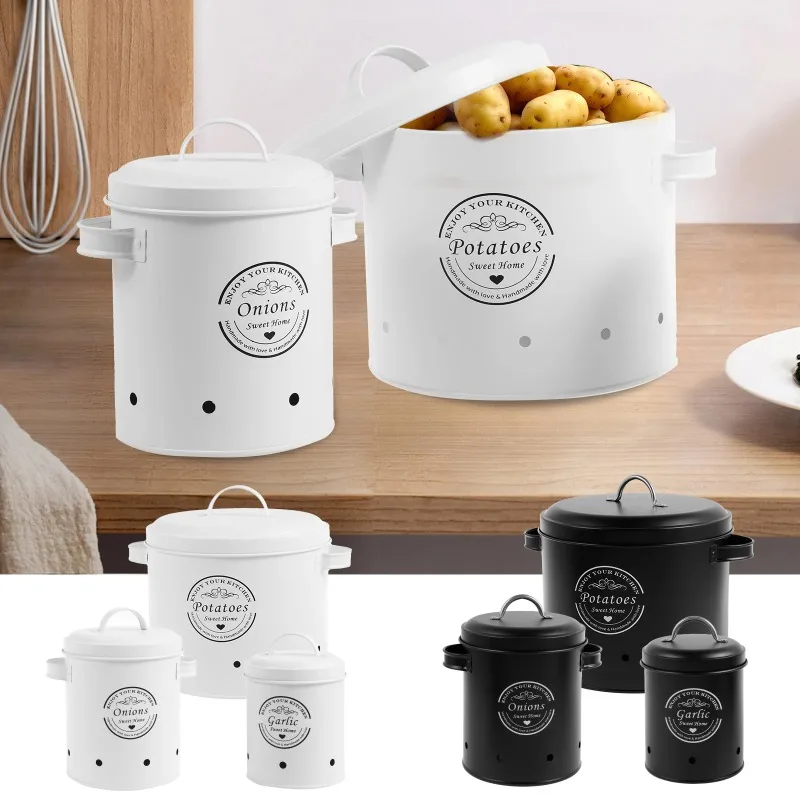 

3 шт. набор, канистра для хранения овощей, корзина для хранения картофеля, лука, чеснока с аэрационными отверстиями, нержавеющее ведро для хранения для кухни