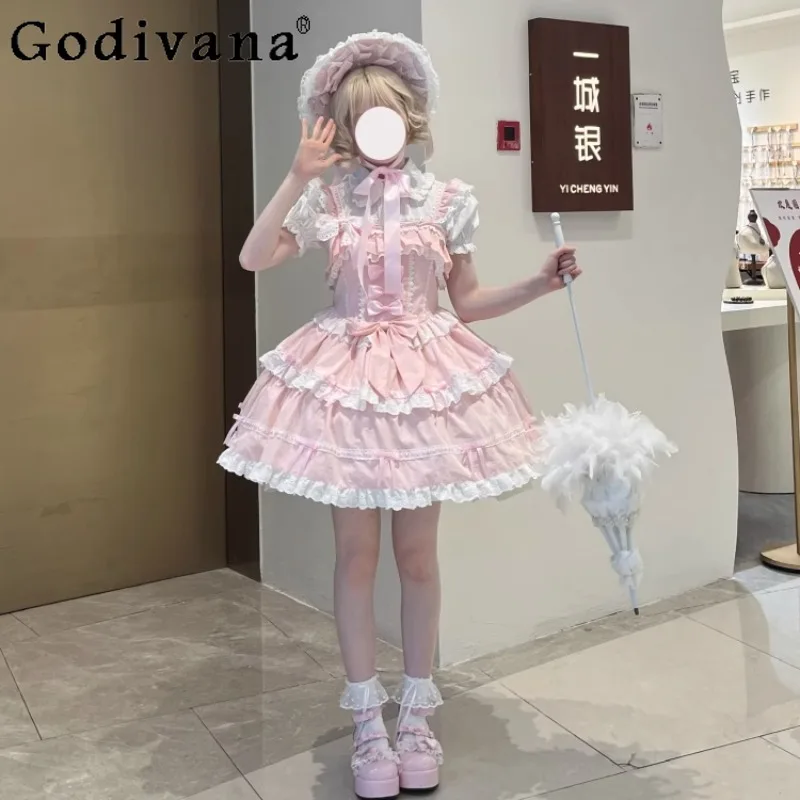 

Lolita Sweet Cute Princess Dress for Women Daily Wear Dating Outing Pink Bow Dress Female Summer Birthday Party Dress