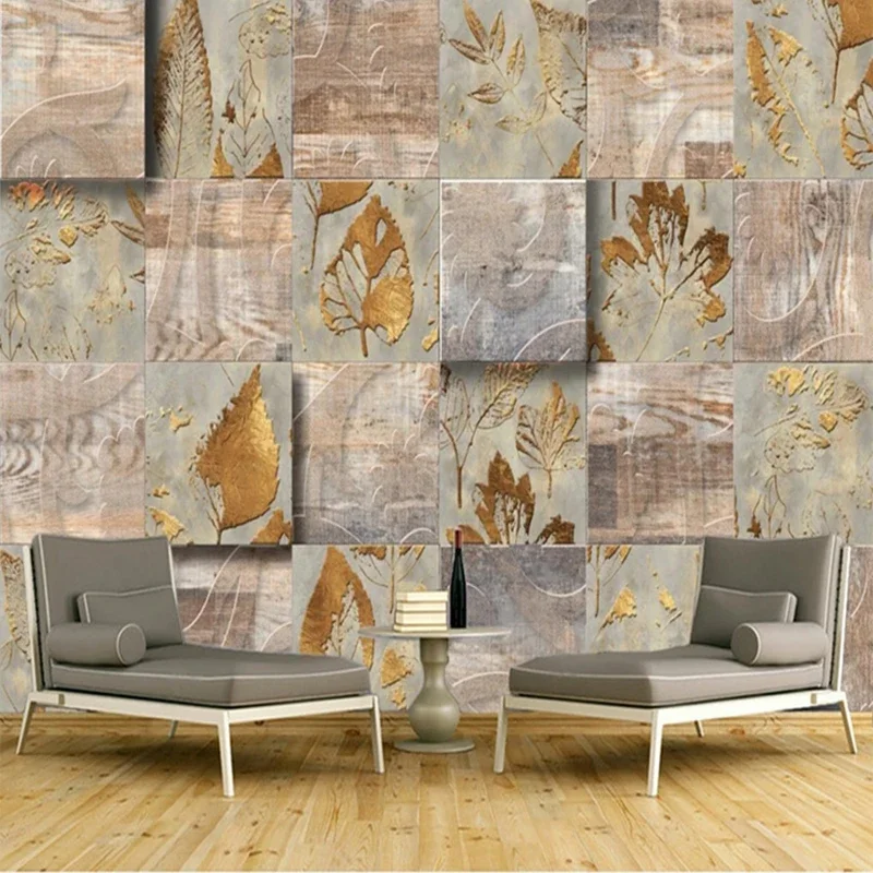 

Custom Size Retro 3D Wood Texture Grid Gold Leaves Pattern Wall Mural Wallpaper for Bedroom Living Room Decor Waterproof Canvas