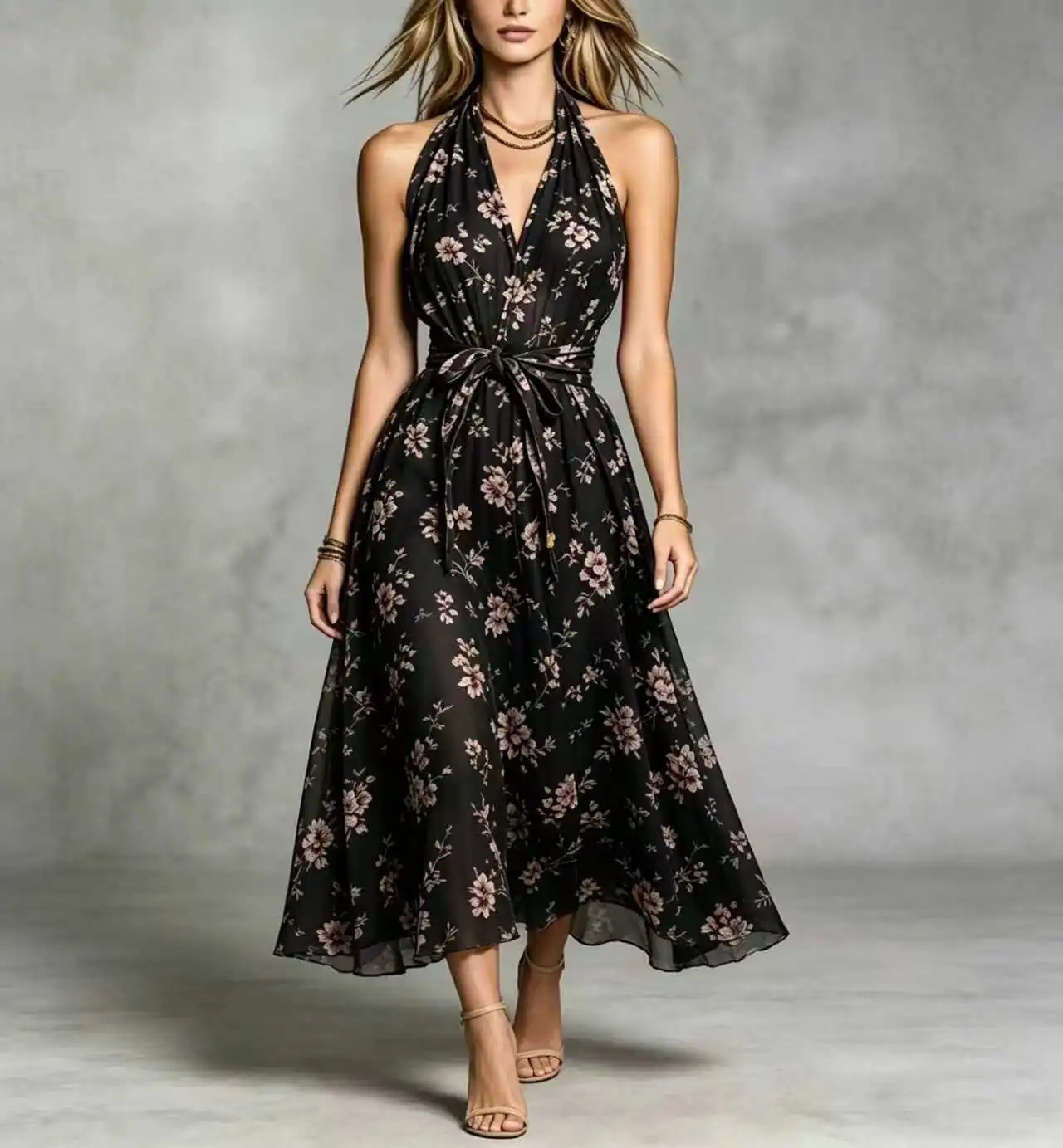 

Casual Elegant Dress Fashionable Spring Summer Slim Printed Holiday Style Sleeveless V-neck Mid-waist Strappy Long Dresses