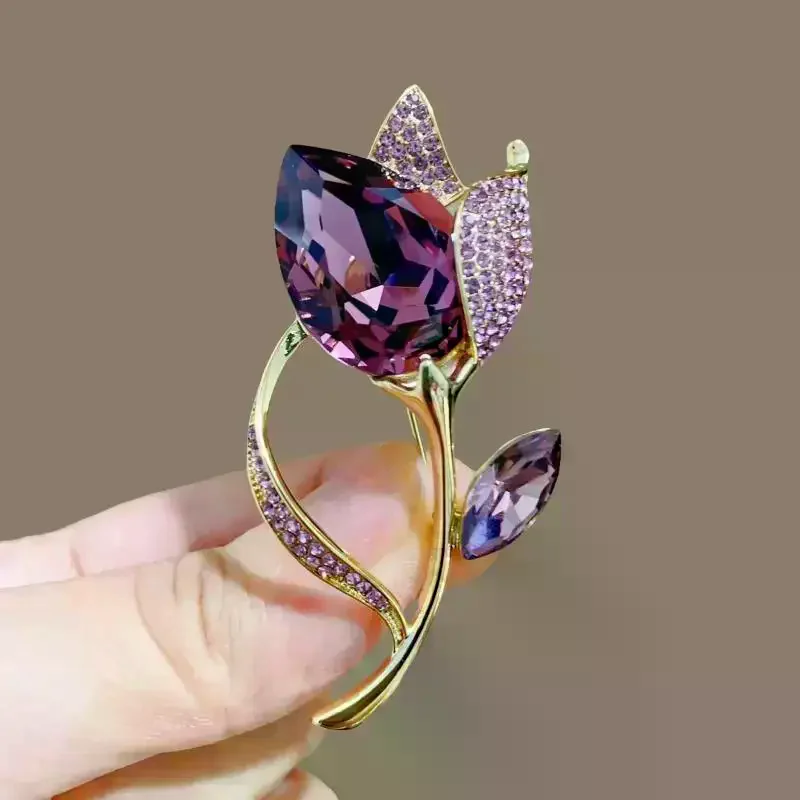 Fancy Purple Crystal Tulip Flower Brooch; Vintage Luxury Women's Accents; Elegant Clothes Pins; Ideal Party Jewelry Gifts