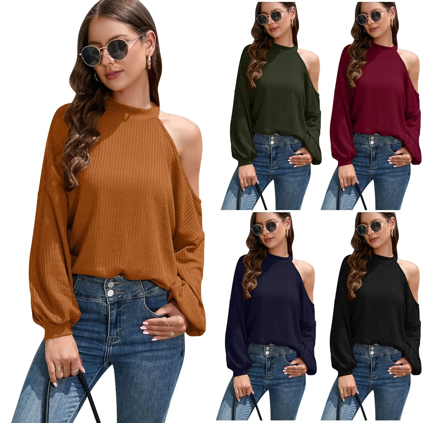 

2025 Women's New Spring Autumn Top With Sleeves Waffle Shoulder Long Sleeved Round Neck T-shirt Female Casual Tops 2025 New