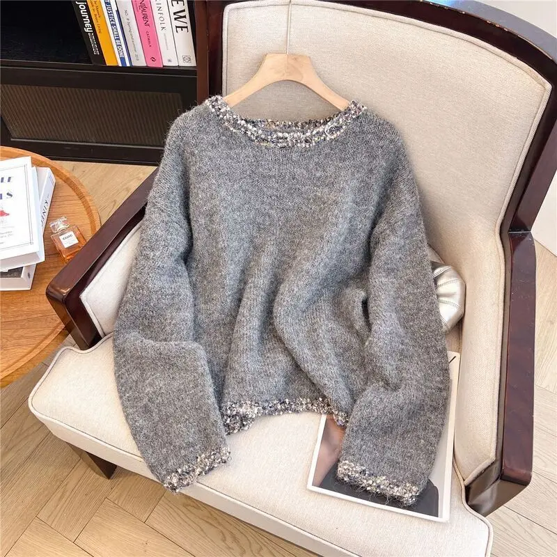 سترة نسائية كورية غير رسمية موديل 2025 برقبة دائرية سترة محبوكة مقسمة صلبة بلوفر أنيق عتيق للمكتب