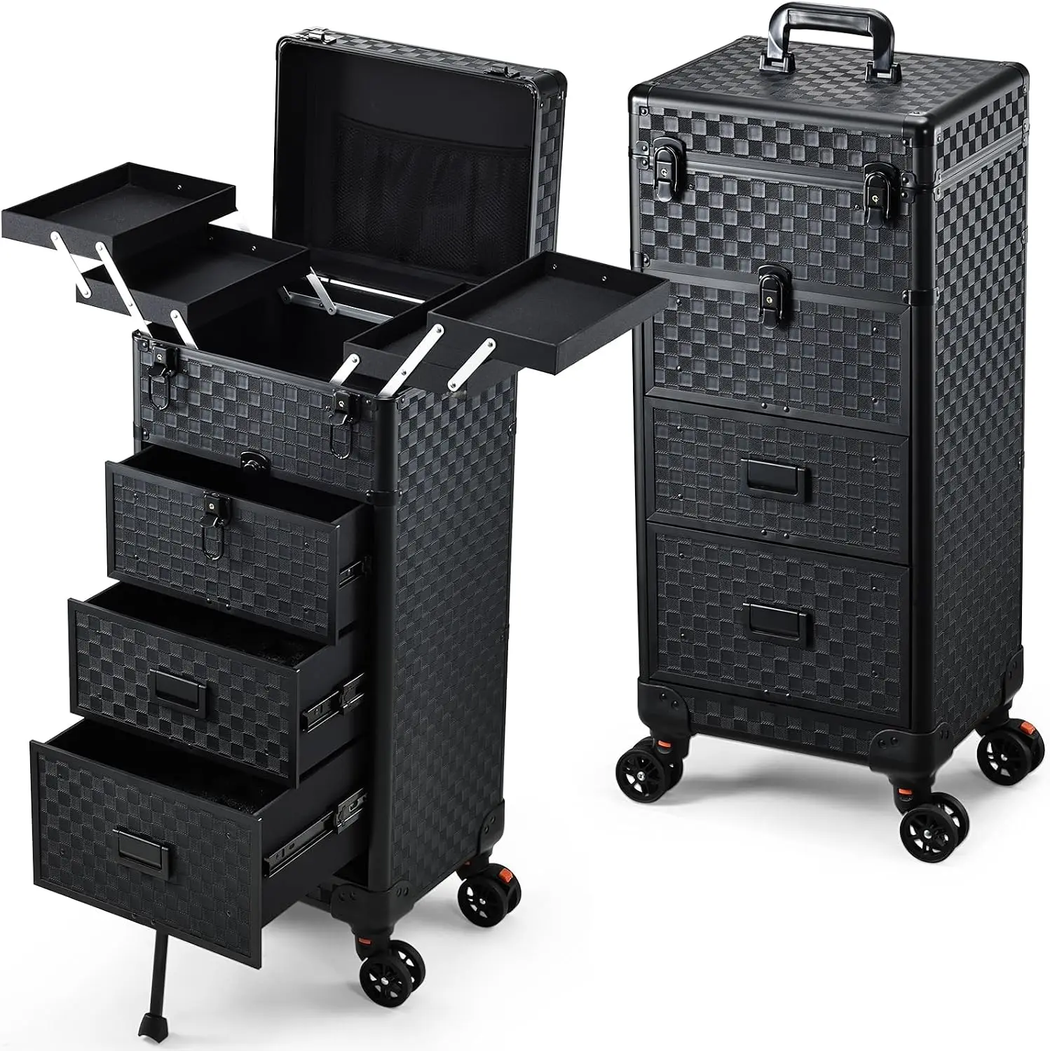 Rolling Makeup Case Cosmetology Case Wheels 4 In 1 Makeup Organizer 3 Drawers Foot Stand Spring Release Mechanism Artist Salon N