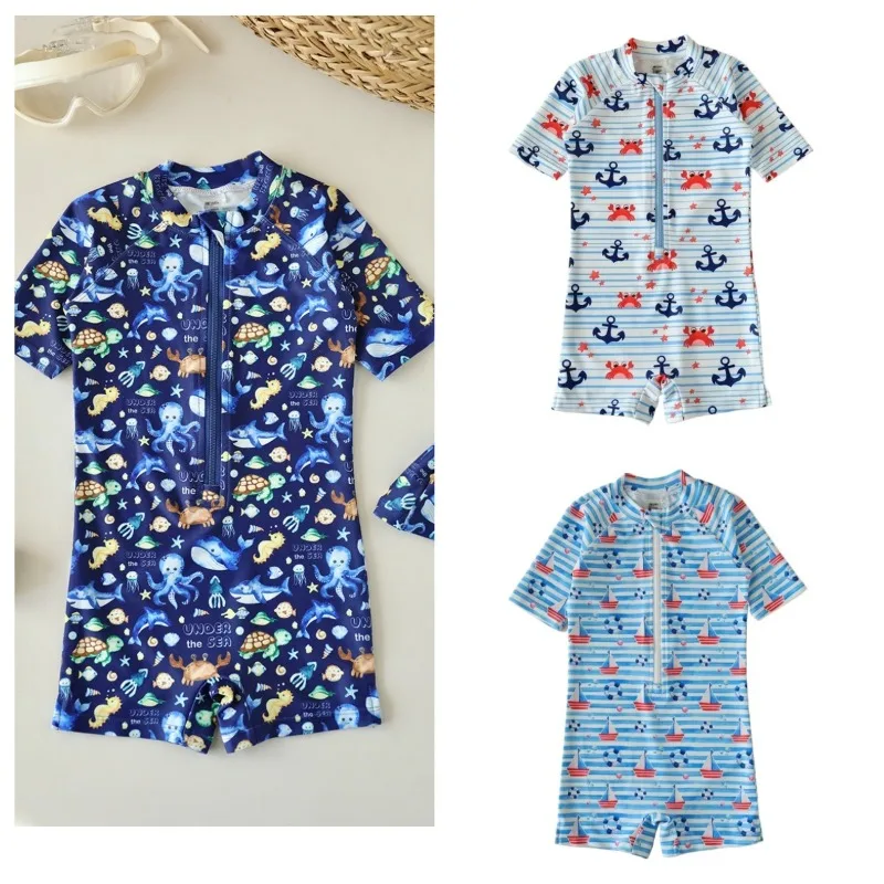 

Детский слитный купальник для мальчиков с принтом «Якорь, краб, парусник», быстросохнущий, с защитой от солнца, для термальных источников