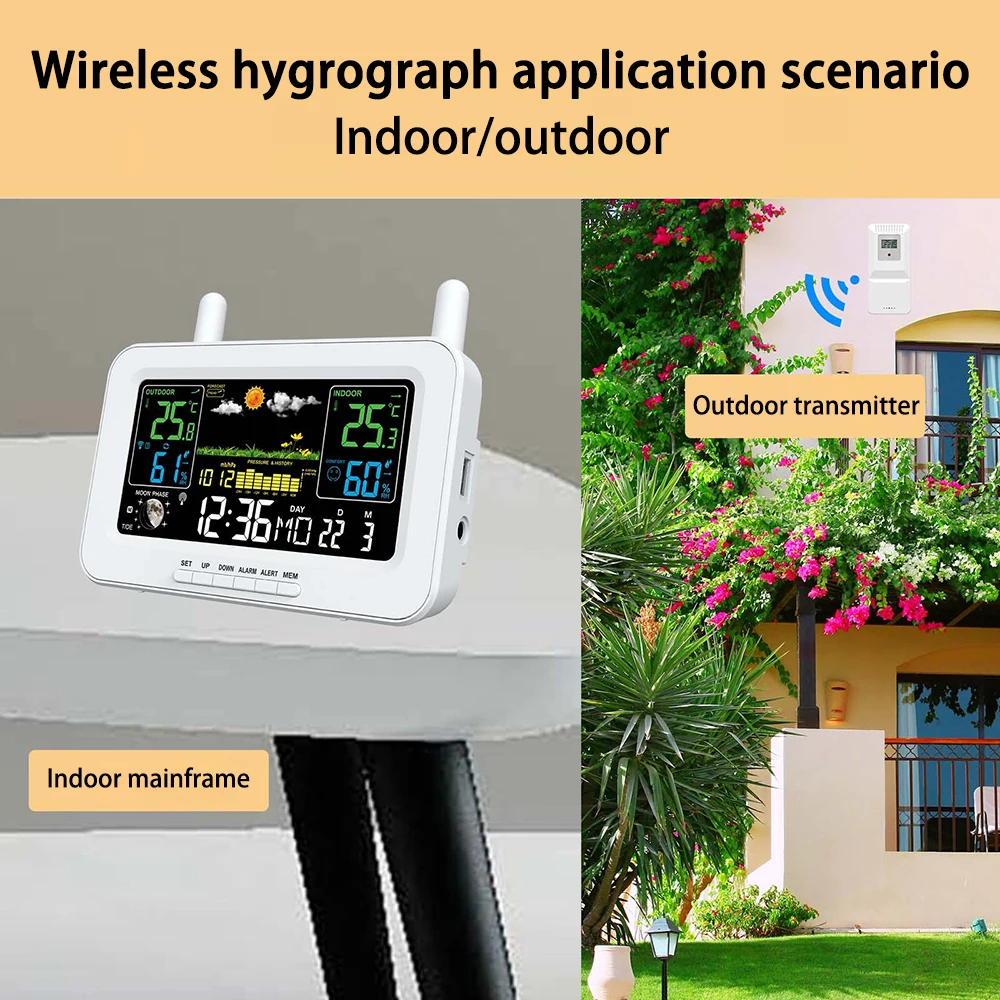 Indoor and Outdoor Wireless Temperature and Humidity Meter Calendar Color Screen Weather Forecast USB Hole Output Charging