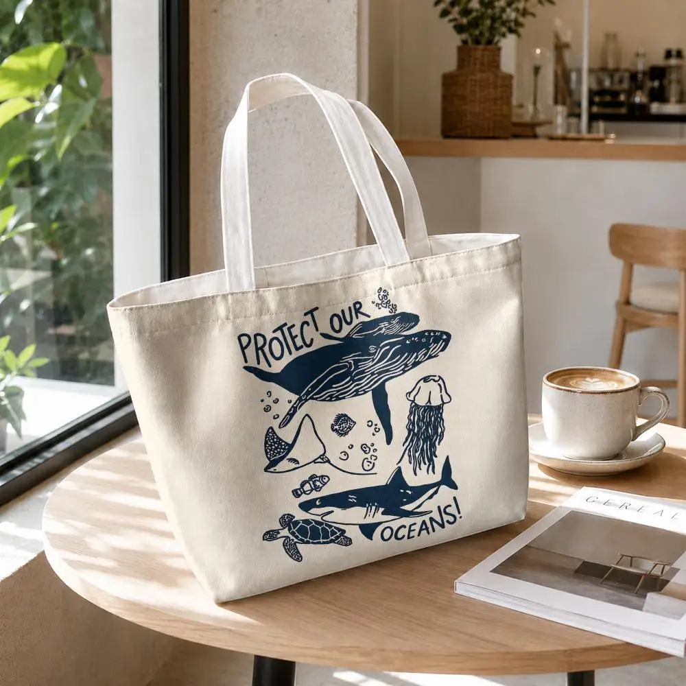 Retro Sea Creatures Storage Bags 2-Pcs Canvas Tote Bag with Zipper Makeup Pouch Reusable for Shopping Travel Work Gifts
