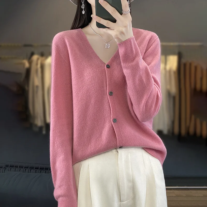 2024 New Spring And Autumn V-Neck Knitted Cardigan Women\'s Short Long-Sleeved Coat Loose Joker Wool Sweater