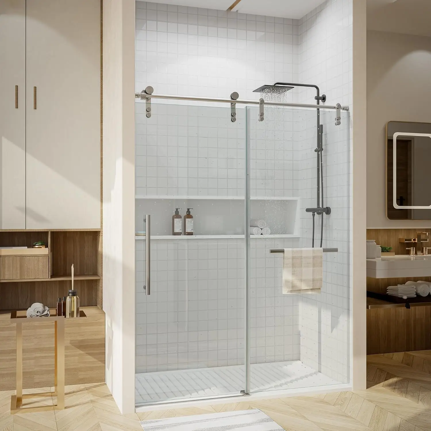 

Shower Door 56-60"W × 76"H Glass Shower Door,Frameless Shower Door with Handle and Seal Strip for Waterproof,Sliding Door