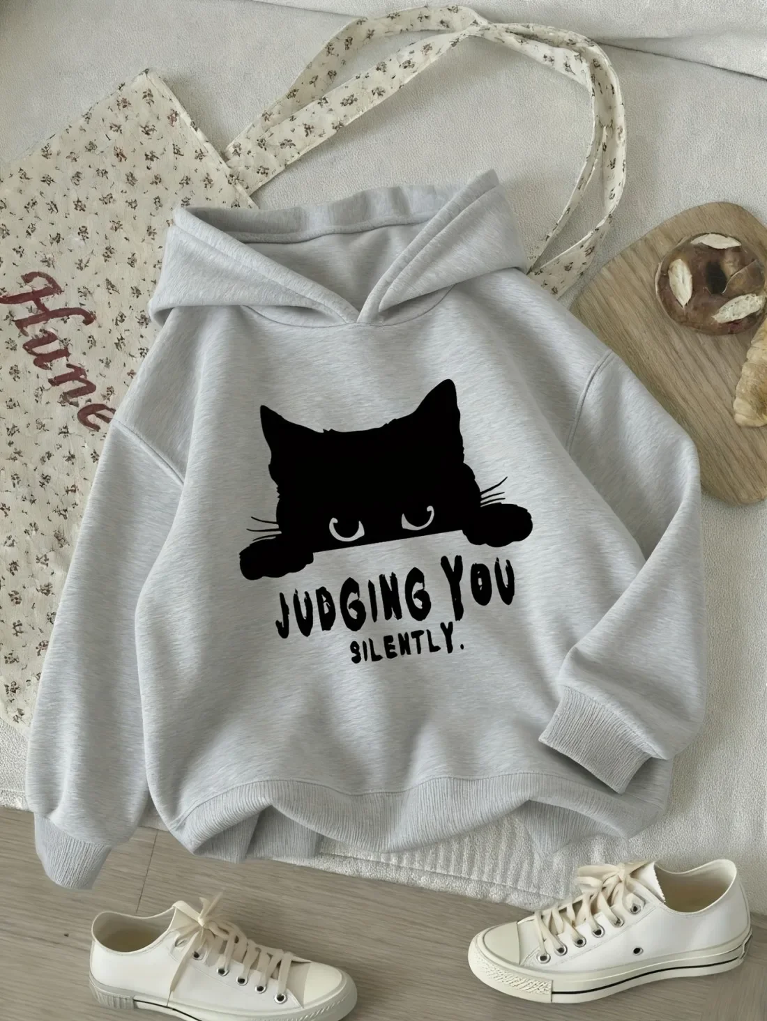 Peeking Black Cat Kids Hoodie Funny Judging You Silently Text Cat Lover Graphic Autumn Winter Fleece Soft Fashion Hoodie