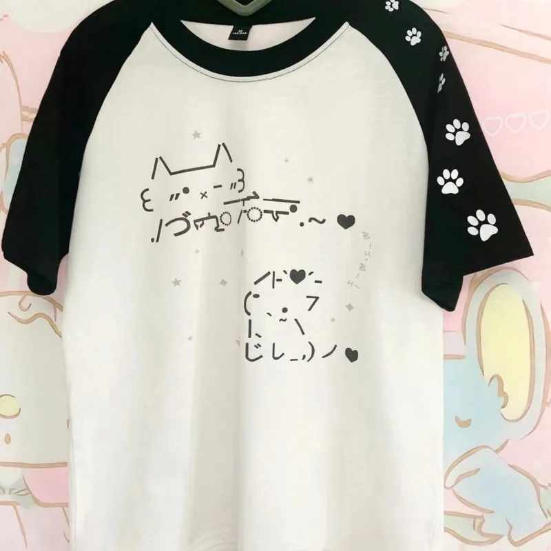 

Printed Symbol Cat Tops&Tees Summer Female Ins Japan Raglan Sleeves Casual Cute Patchwork T-shirt Short Sleeved Loose Tee New