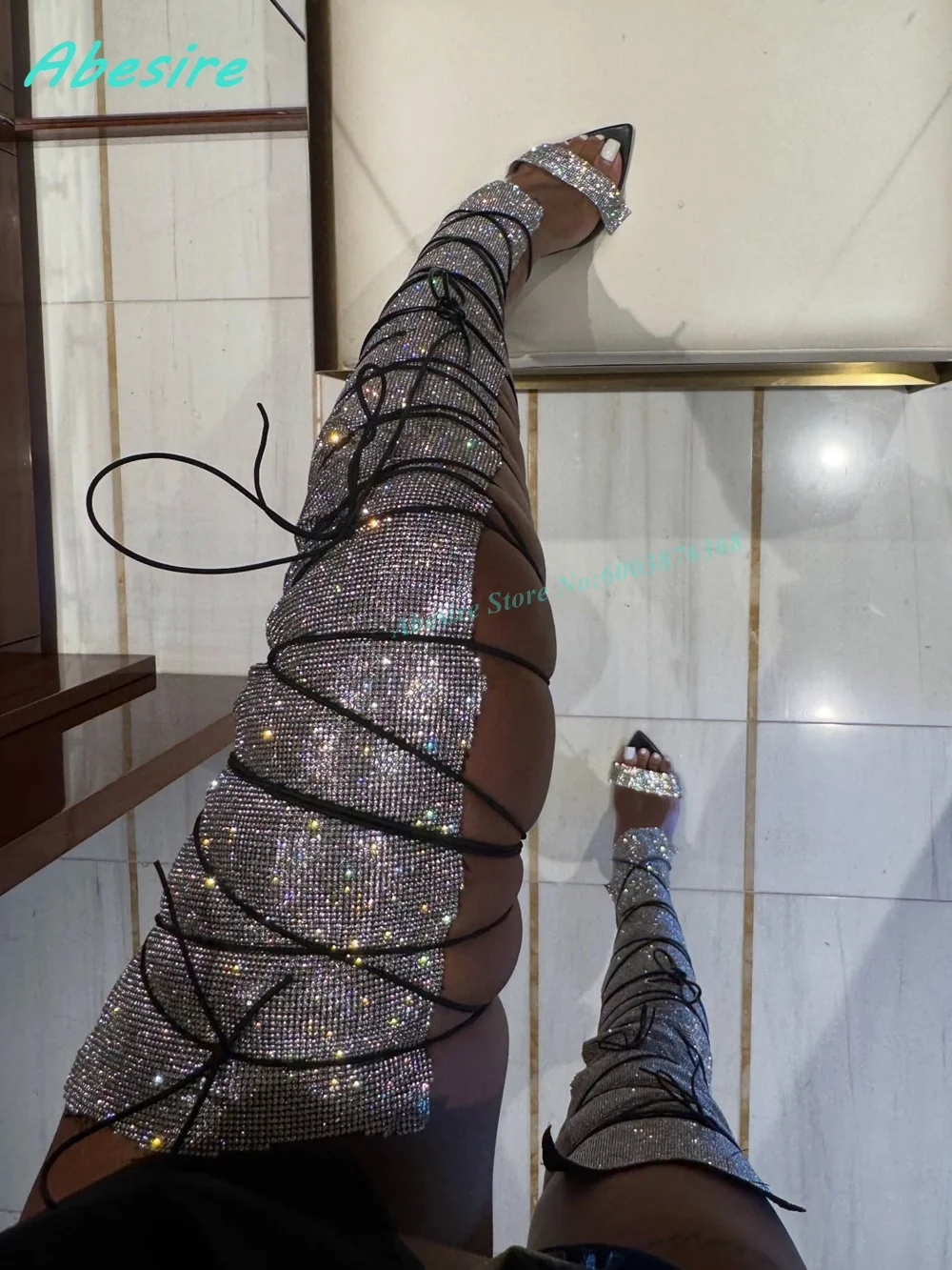 

Женские босоножки-гладиаторы со стразами и кристаллами, на шнуровке, с вырезами, открытым носком, на шпильке, для вечеринок, в стиле Spicy Girls, сексуальные туфли