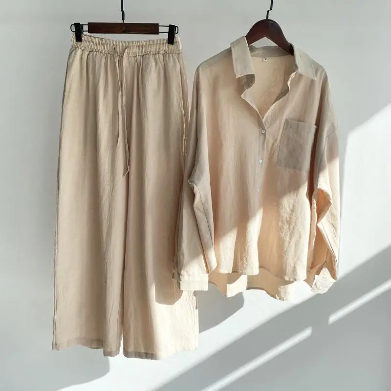 Women's plus Size Cotton Linen irt Set High Waisted Tee Piece Suite Long Sve Pure Color Spring Faion for Adults