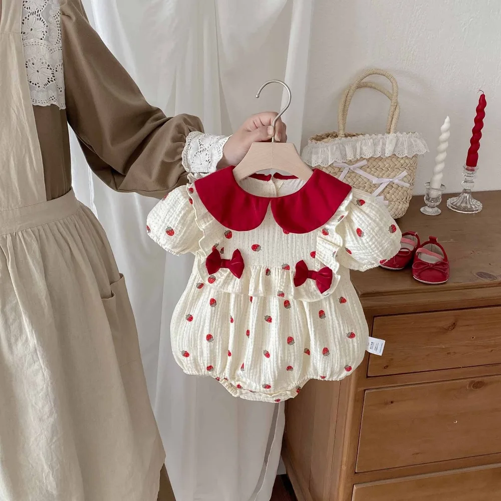 

Summer Baby Girl Romper 0-2Years Newborn Princess Short Sleeve Peter Pan Collar Stawberry Bodysuit Cotton Playsuit Clothes