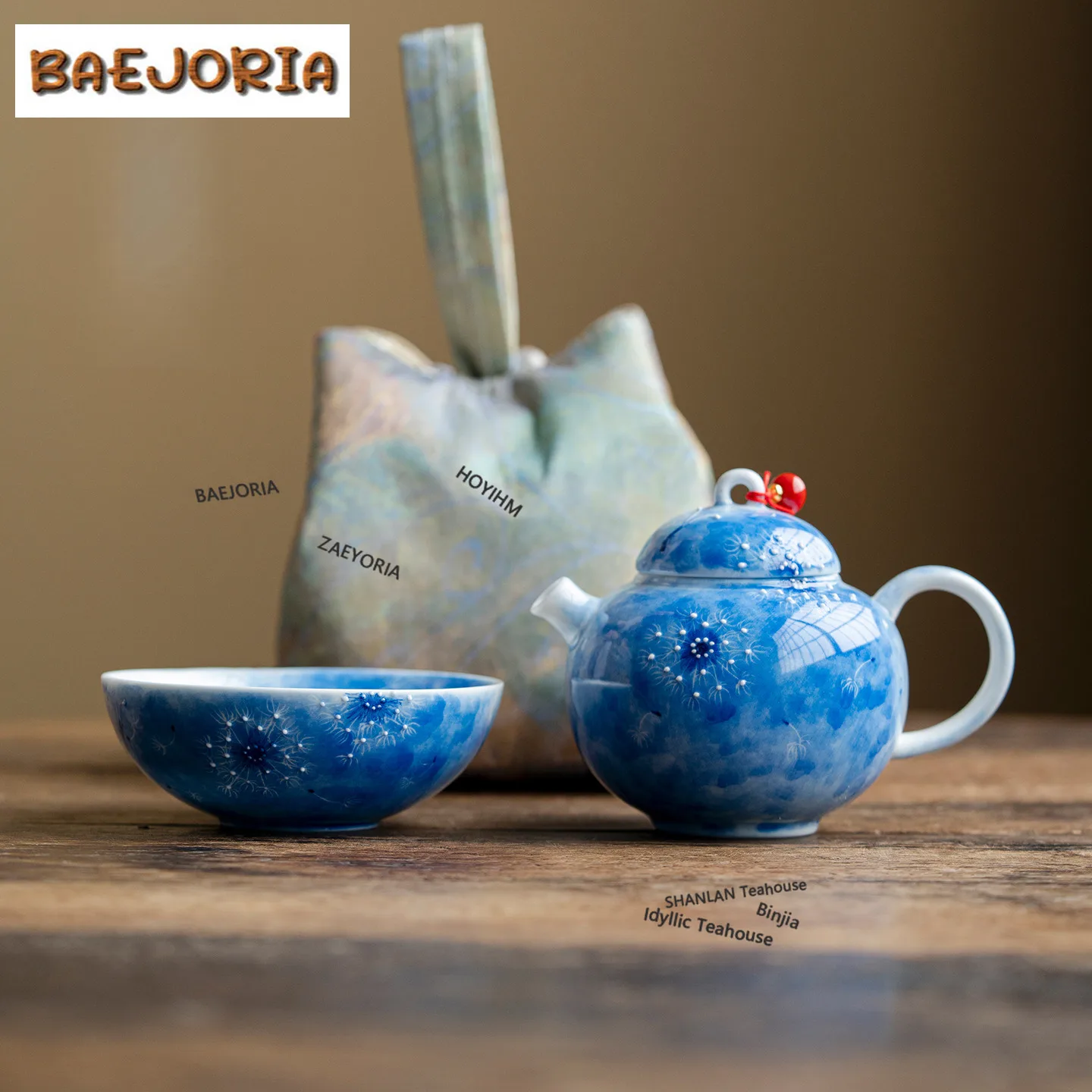 BAEJORIA Hand-painted Dandelion Travel Tea Set Kit Japanese 1 Pot 3 Cups Tea Making Organizer Portable Camping Stock Bags Gift