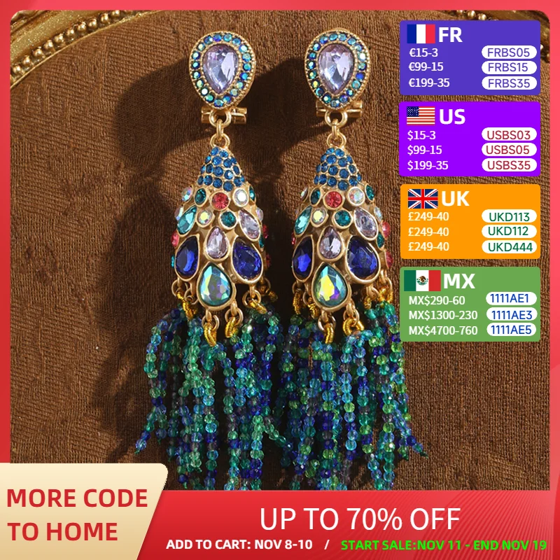 

Vintage Blue Beads Tassel Long Earrings For Women Colorful Rhinestones Crystal Peacock Feather Large Bohemian Jewelry 2025 Trend