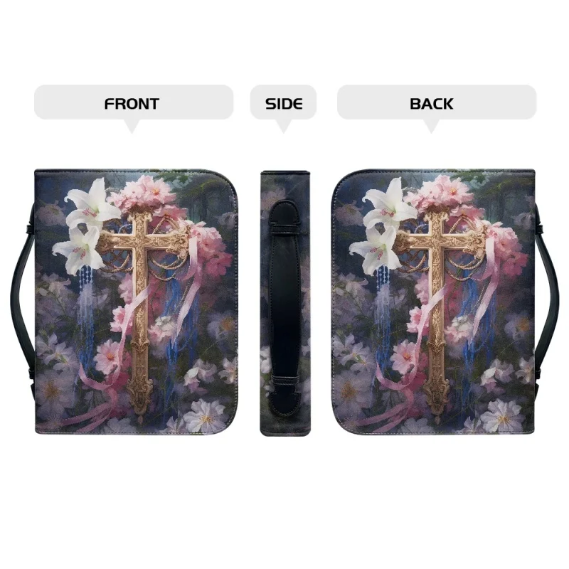 Funda de cuero con estampado de flores para mujer, bolso con asa y cremallera, práctico y portátil, para almacenamiento de la Biblia