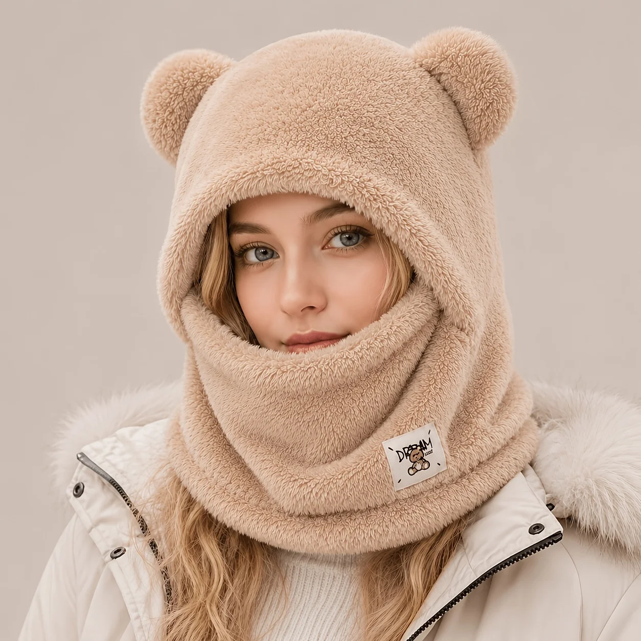 Autumn and Winter Fashion Hooded Woolen Hat with Plush Warm Hat Cycling Hat Women's Balaclava Hat Women's Outdoor Hat