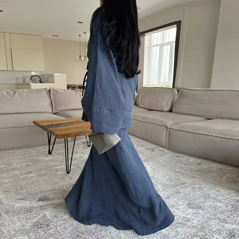 Faionable casual solto irt e saia conjunto com cinto feminino longo sve v-ne solto ajuste terno de duas peças para o outono