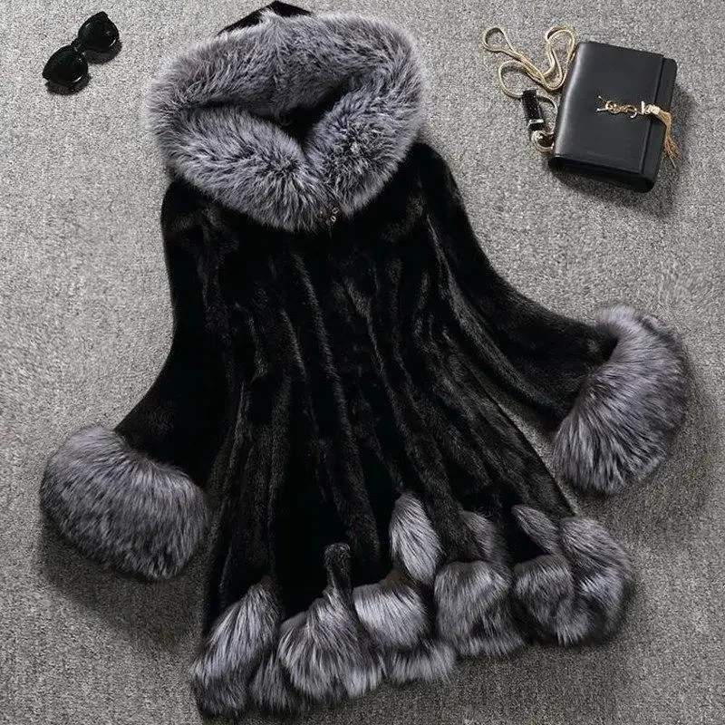 Winter Thicken Warm Faux Fur Coats Imitation Mink Furry Jacket Elegant Slim Flocking Solid Color Fashion Women Hooded New T97