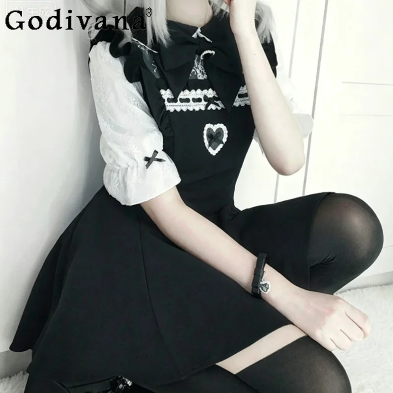 Y2k Subculture Summer New Girl Sweet Lace Short Sleeve Black Dress Fashion Versatile A-line Cute Japanese Dresses Shorts Set