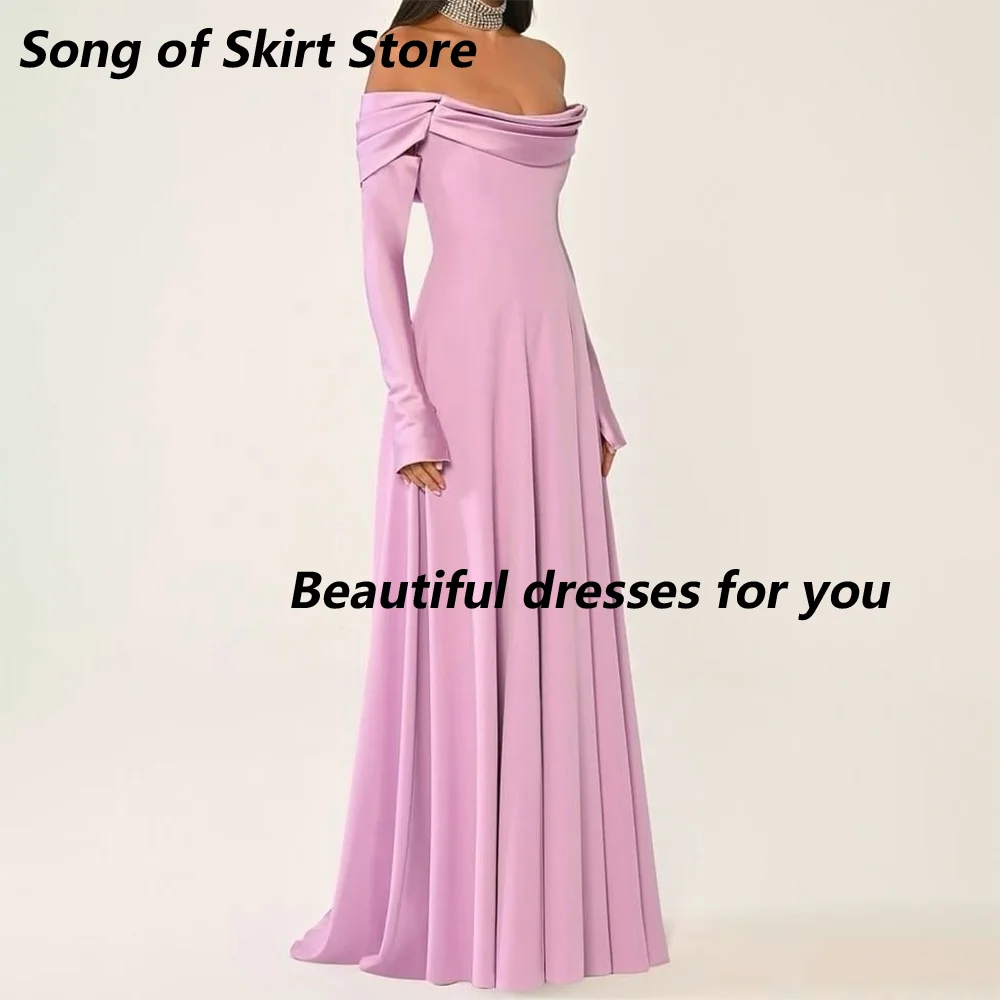 Sexy Pink Prom Dress Customized Off Shoulder Boat Neck Long Sleeves A Line Jersey Saudi Arab Prom Gown Floor Length Party Dress image 3