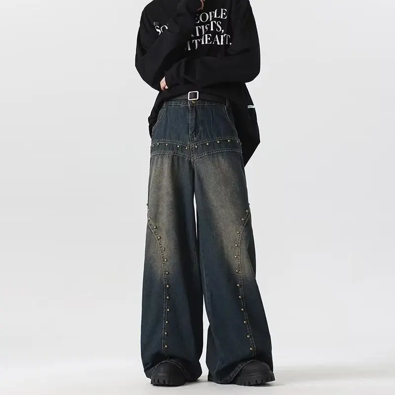 

2024 Trashy Y2K 2000S Streetwear Rivet Design Baggy Jeans Pants For Men 90S Vintage Clothes Straight Wide Leg Old Denim Trousers