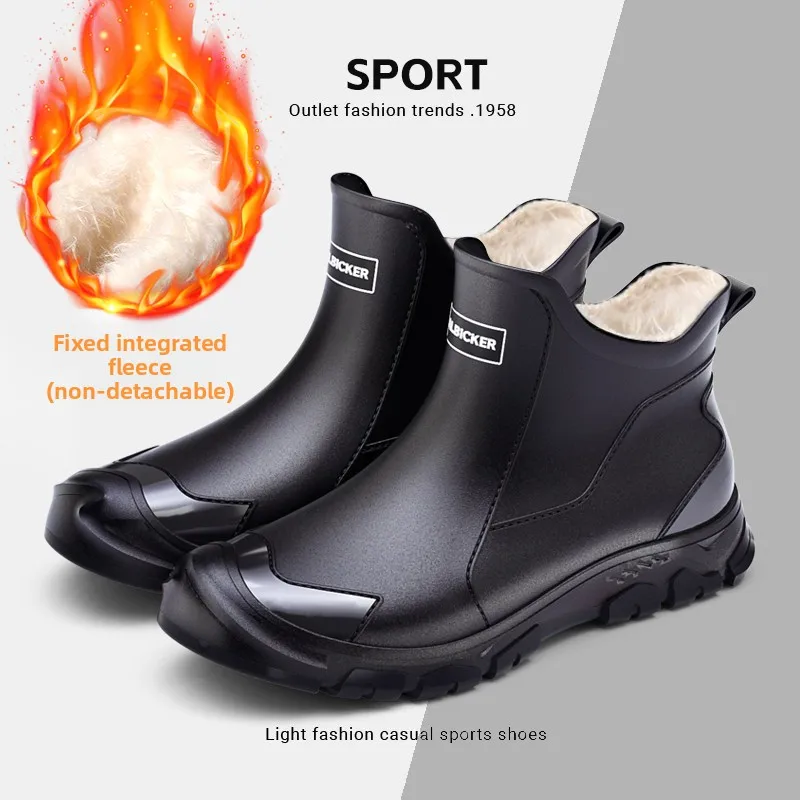 Men's Fleece Lined One-Piece Rain Boots Lightweight Fishing Casual Waterproof Cold Proof Slip-On Work Boots Wave Pattern Tread
