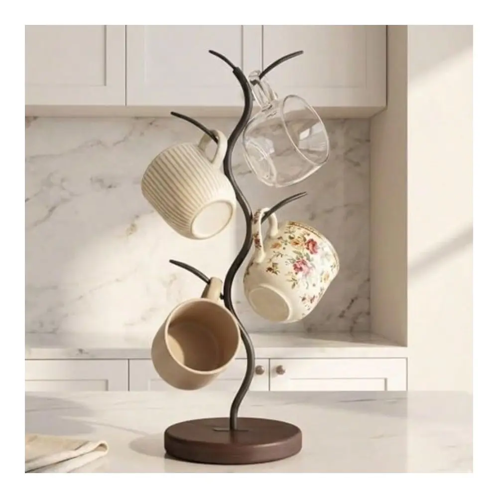 

Mug Tree Holder Coffee Mug Rack Storage For Countertop Cup Stand Leaf Shaped Iron Metal Wood Base Mugs Holders Coffee Counter T