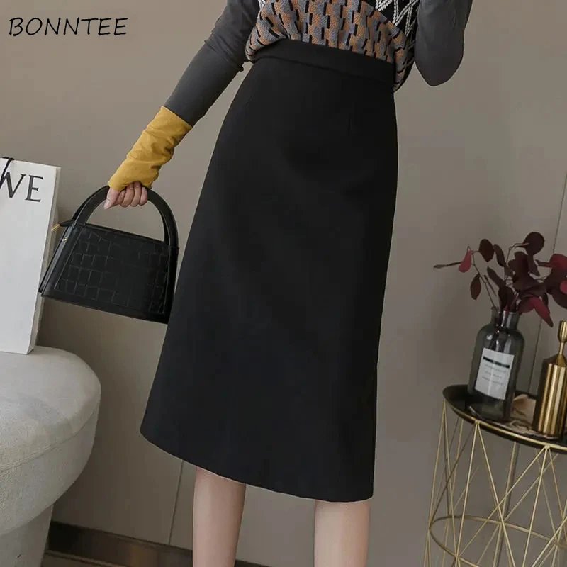 

Black Woolen Midi Skirts Women High Waist Simple Vintage Office Ladies Temper Classy Sexy Skirt Autumn Winter OL Faldas Mujer