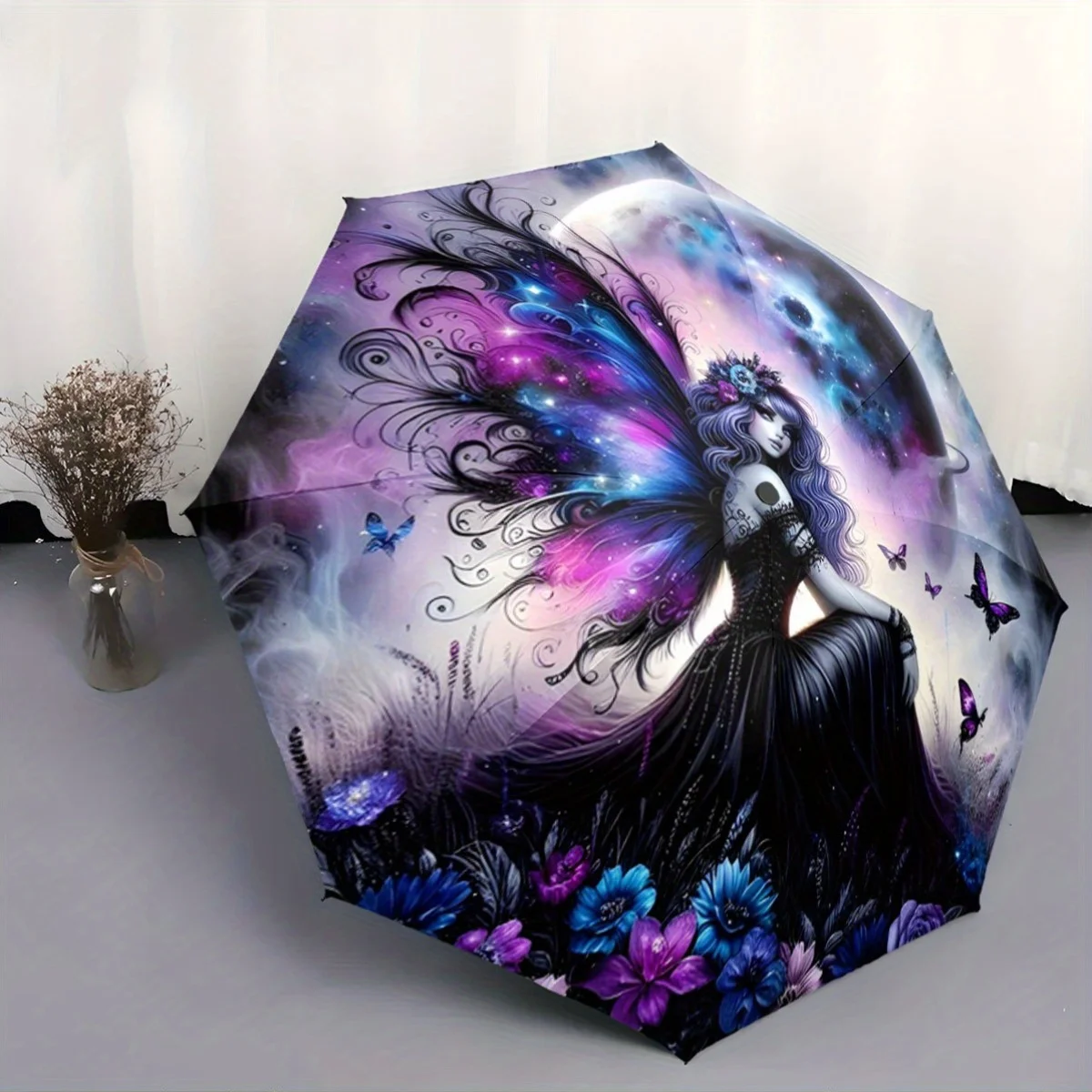 

Автоматический зонт с кнопкой открытия/закрытия в одно касание - Элегантный, сказочный дизайн для женщин, с цветочным узором и бабочками в фиолетово-сине-розовых тонах, компактный.