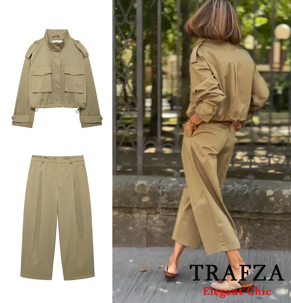 TRAFZA-Women Fashion Jacket Trousers Suit Pocket Zipper Jacket + Pant 2 Pieces Set New 2024 Autumn Street Outing Pant Set