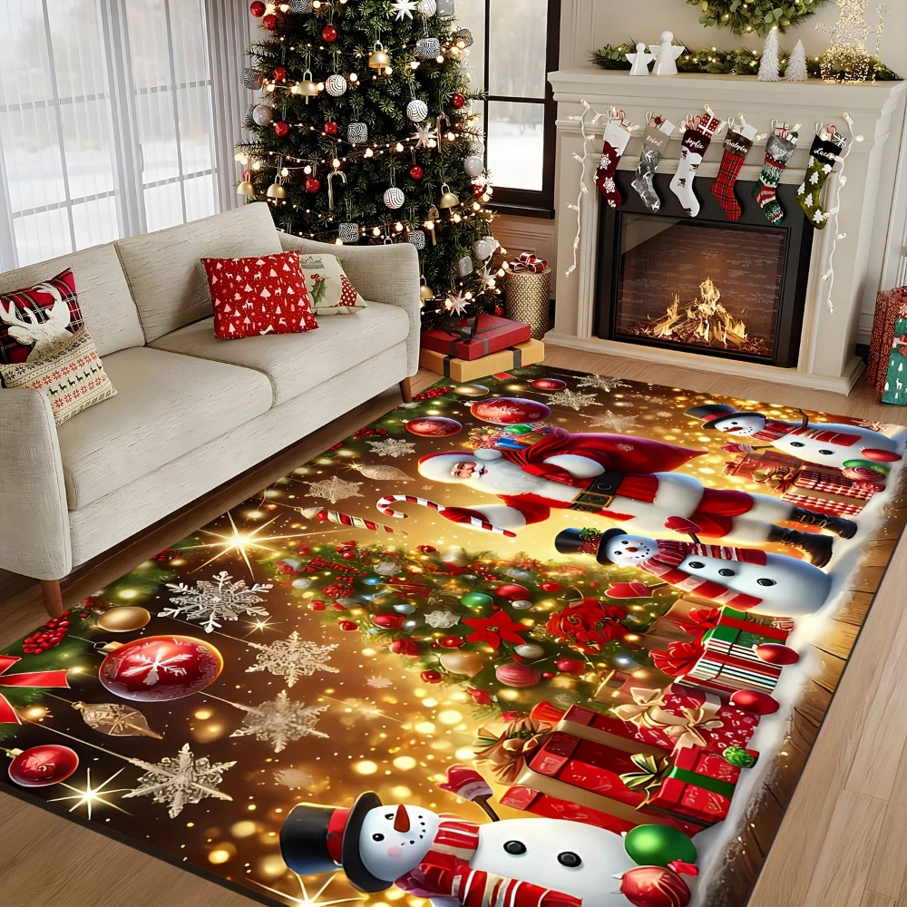 1pc Christmas Santa Theme Rug Soft Bedroom Dining Room Carpet Home Entrance Elegant Large Blanket Living Room Ground Furnishing