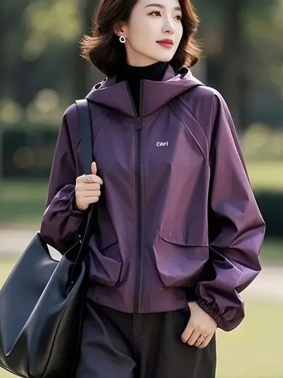 

Brand Outlet Women's ort Jaet Coat Purple Casual Spring Autumn Large Size Top Commute Sle Loose Fit Long Sve Zipper