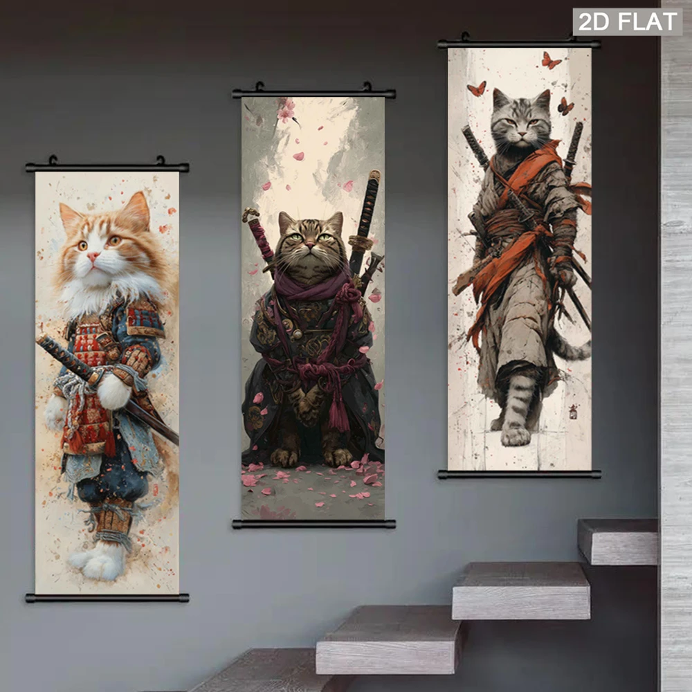 VIKAMA Japanese Samurai Cat Wall Scroll Tapestry, Cool Katana Kitty Art Poster, Anime Ukiyo-e Style Wall Hanging Decor for Room