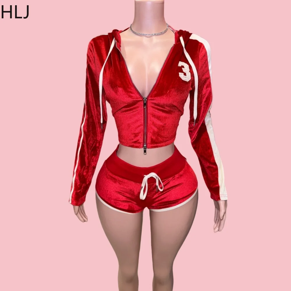 HLJ Red Fashion Velvet Zip Hooded Two Piece Sets Women Print Long Sleeve Slim Crop Top And Drawstring Shorts Outfits Streetwear