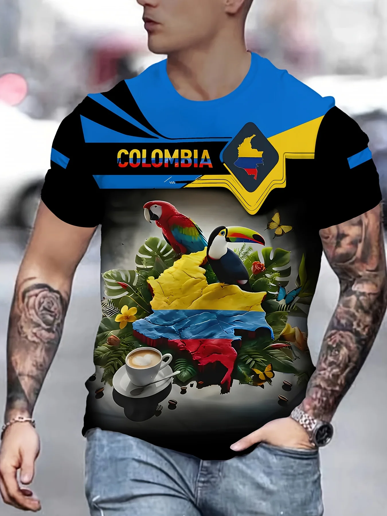 Men's Colombia Flag Map Toucan Parrot Coffee Print T-Shirt Patriotic Crew Neck Short Sleeve Top
