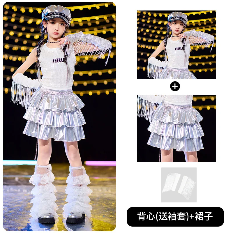 Mädchen Hip Hop Silber Crop Top Glänzende Tiered Röcke Kind K-pop Streetwear Rock Kinder Jazz Mädchen Gruppe Street Dance kleidung Sets