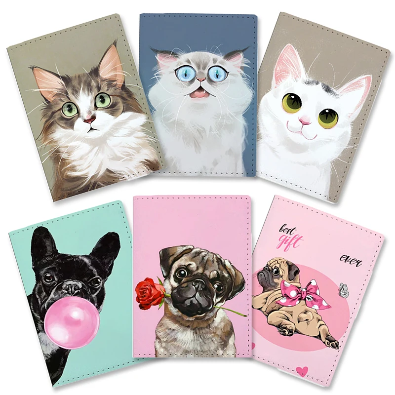 Cute Cat Dog Passport Covers Women Men Travel Accessories Ticket ID Bank Card Holder Case Kawaii Kitty Leather Passport Holder