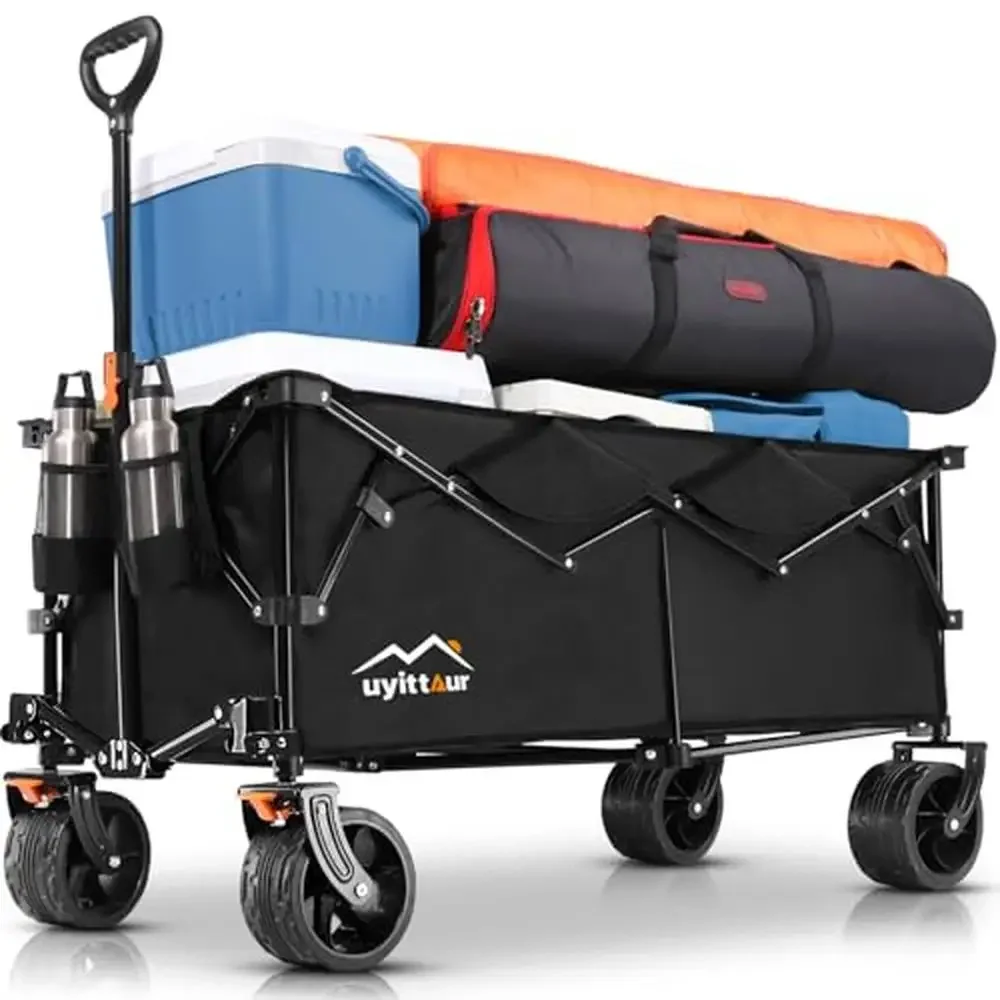 

All-Terrain Collapsible Wagon Cart 440lbs Capacity Foldable Beach Trolley 300L Storage Double Volume Steel Frame