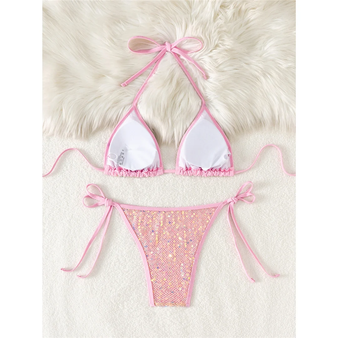 Funkelnder Bikini mit Pailletten, Neckholder und hohem Beinausschnitt, Damen-Badeanzug, zweiteiliges Bikini-Set, Badebekleidung, Badeanzug, Modell V6678. – Detail 24