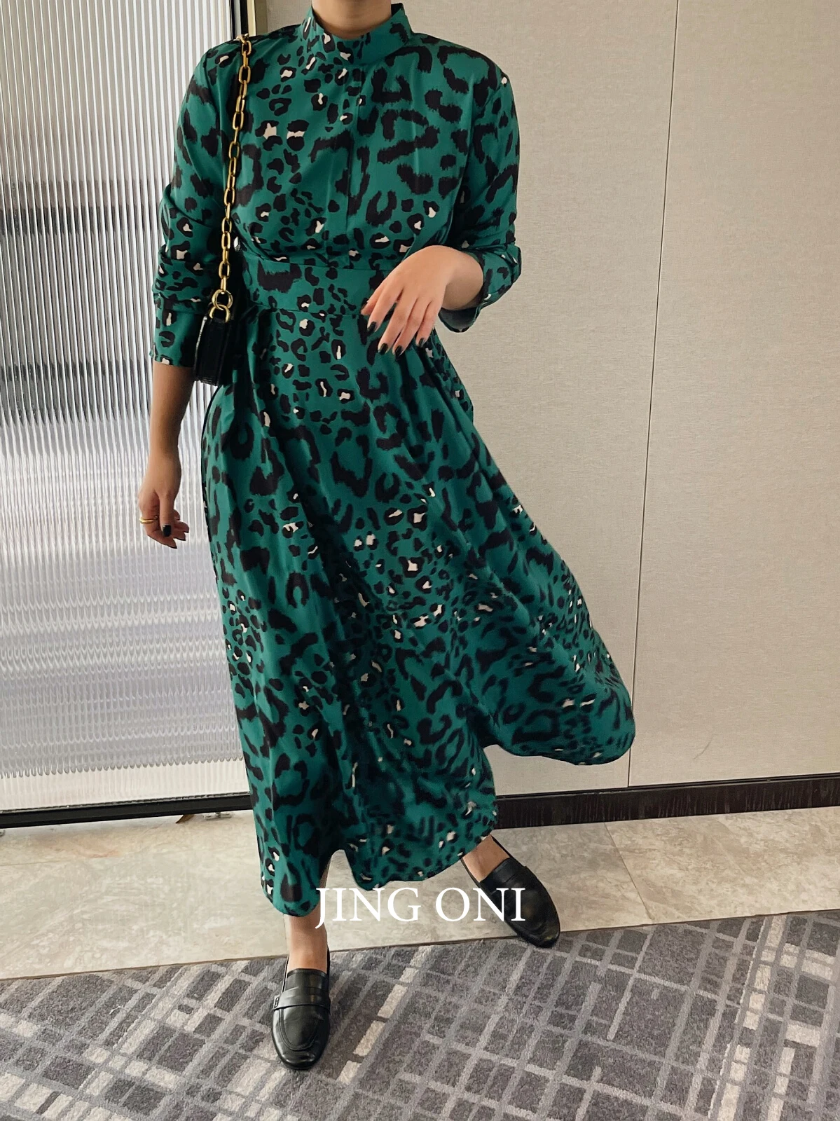 Green Leopard Evening Dresses Party Blouse Woman Clothing 2023 Y2k Korean Fashion Style Vintage Elegant Long Sleeve Robe Luxury