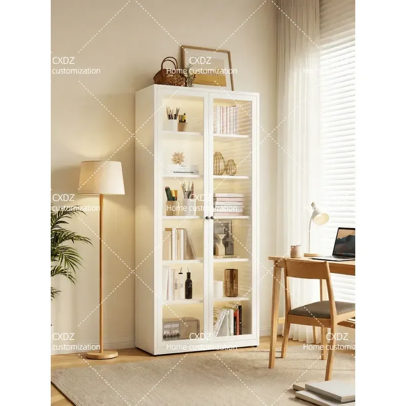 Wrought Iron Bookcase with Glass Door Display Cabinet Modern Simple Floor Bookshelf Living Room Storage Cabinet Household
