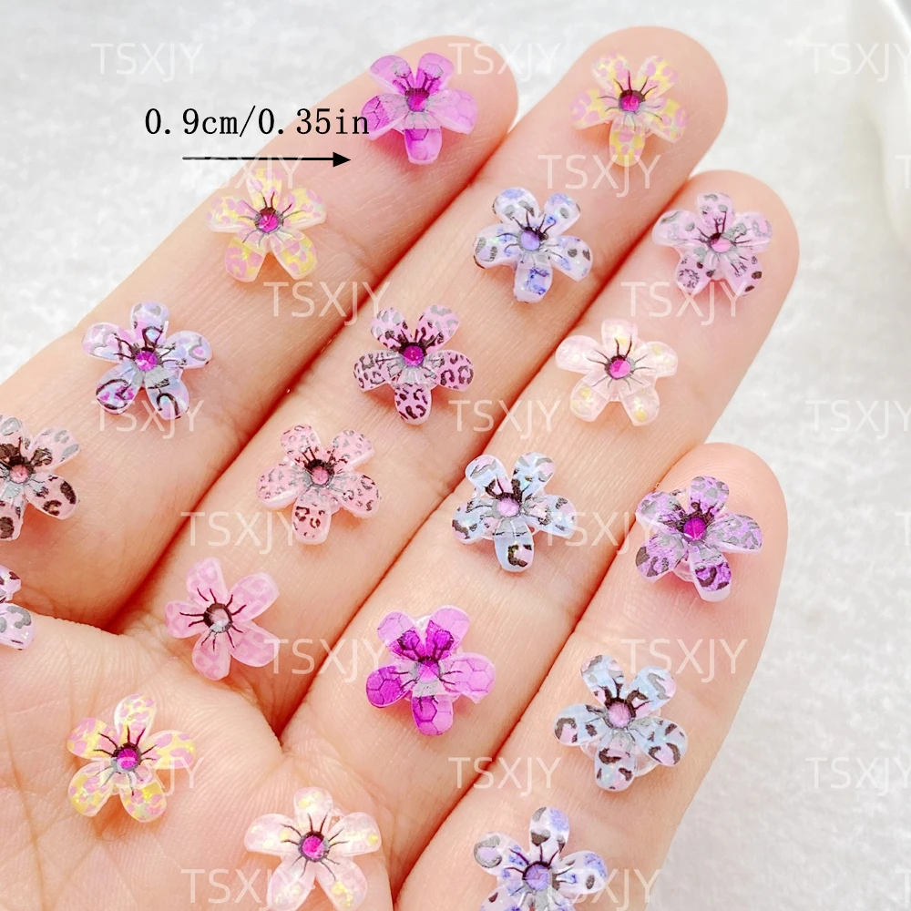 Mini fleurs imprimées léopard colorées en résine mixte, 60 pièces, Nail Art, dos plat, pierre appliquée, breloques à assembler soi-même, artisanat de décoration pour Scrapbook