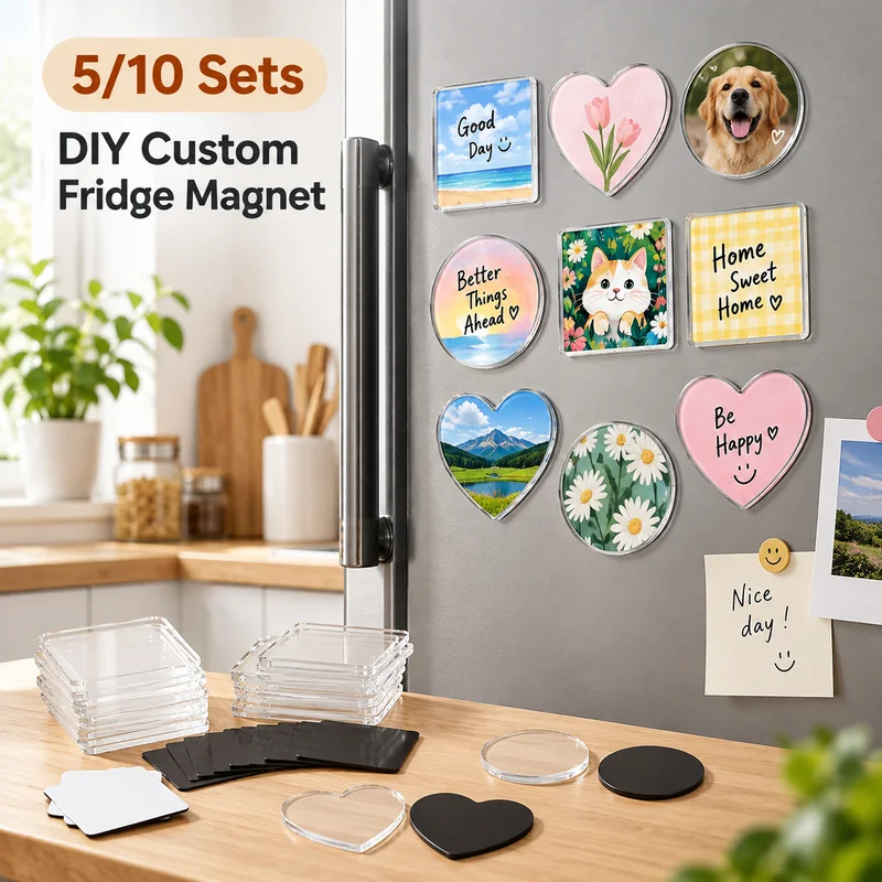 5/10Pcs DIY Refrigerator Magnet Kit,Transparent Acrylic Square Round Heart Blanks With Magnetic Sheet, Home Decor Craft For Kids