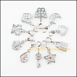 10Pcs Retro Tibetan Silver Plated Heart Cross Star Crown Teardrop Butterfly Charms Pendants With Lobster Claw Clasps