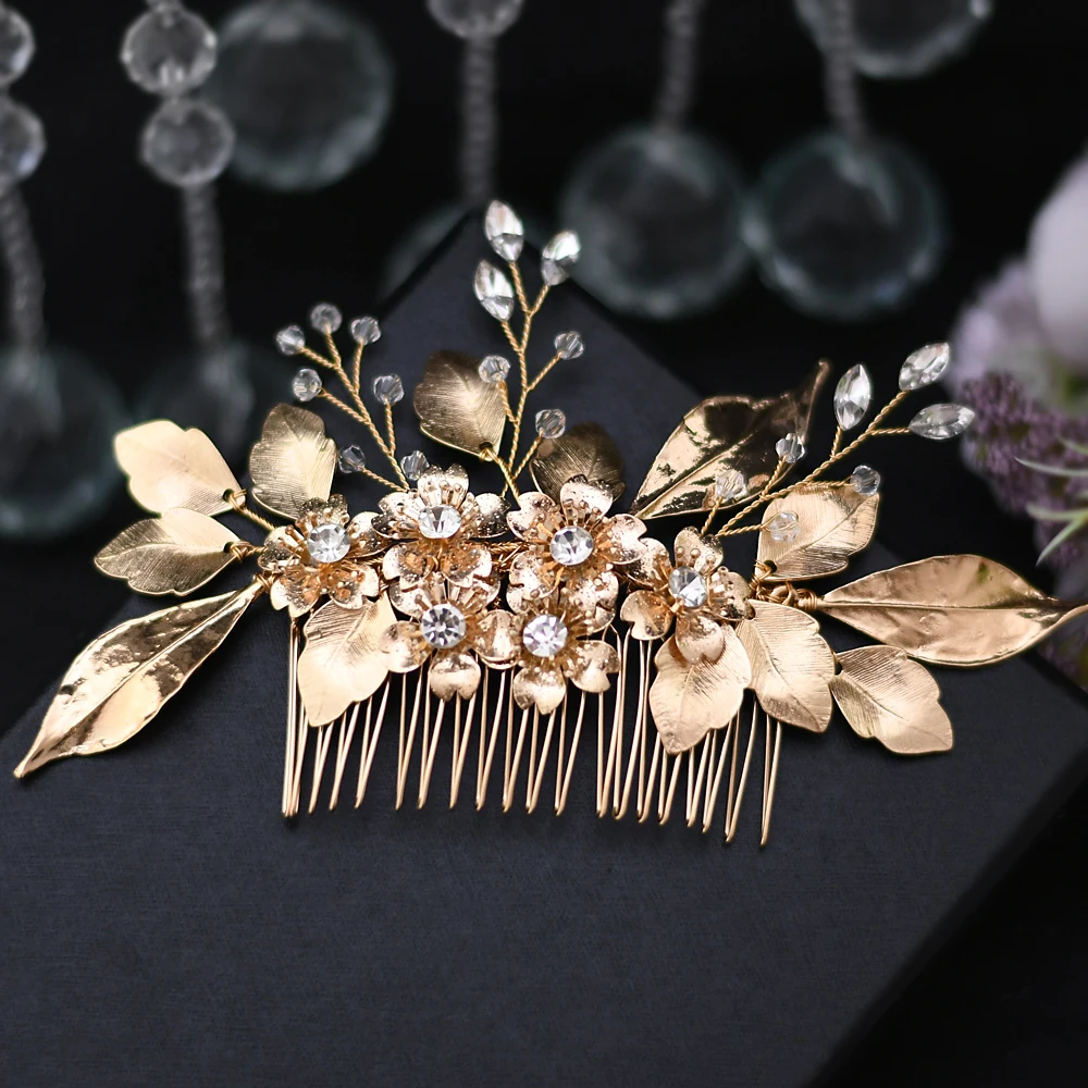 Gold Hair Accessories With Comb Flower Hair Wedding Headdress Decorative Rhinestone Beads Plate Fashionable Combs For Hair