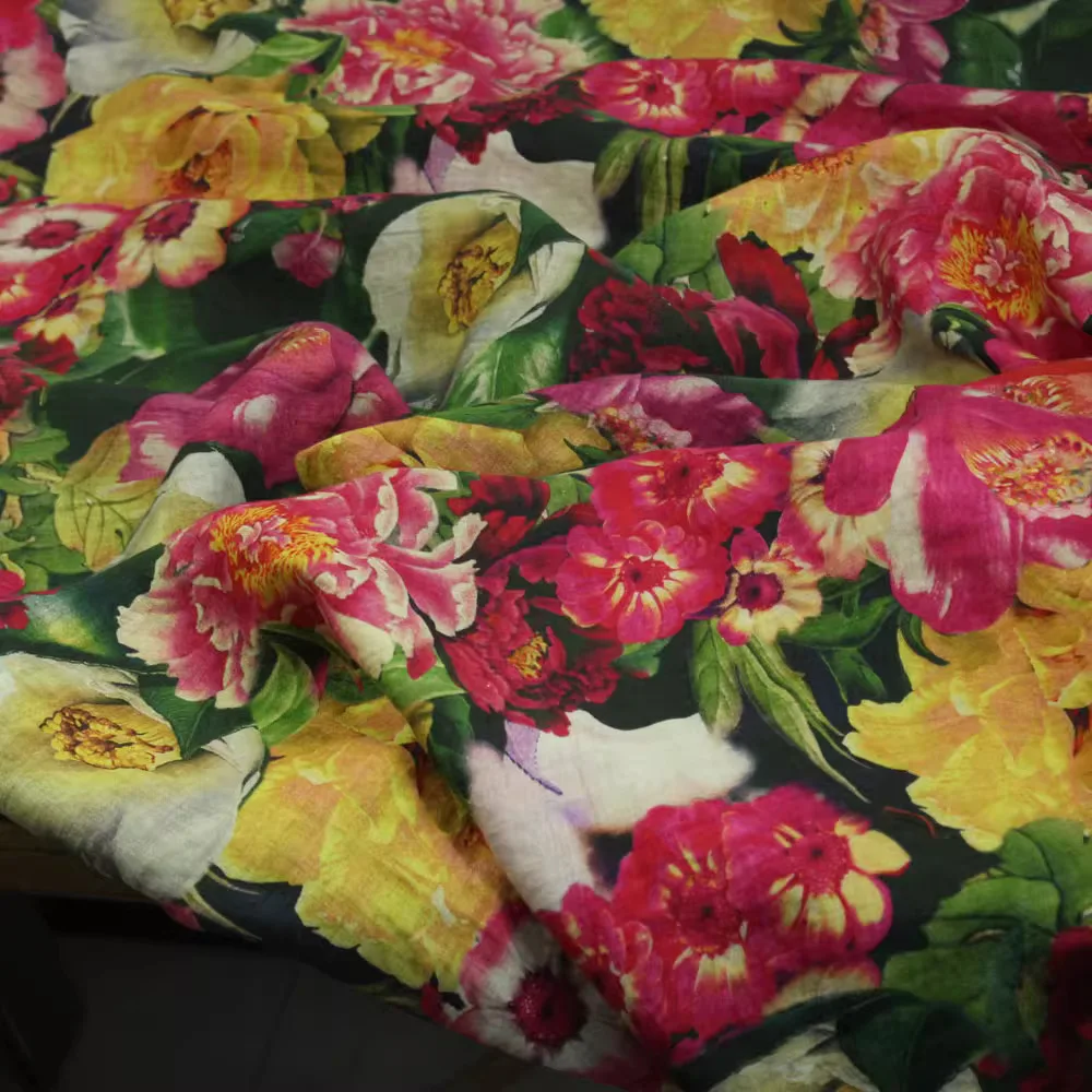 

1 ярд, высококачественная новая натуральная ткань рами для одежды, красочный большой цветочный принт пиона, шитье, юбка, платье, рубашка, сумка, ткань