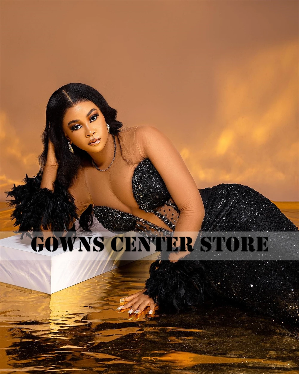 ชุดราตรีผ้าตาข่ายแขนยาวสีดำปักเลื่อมสำหรับผู้หญิงชุดเดรสปาร์ตี้ทางการสำหรับงานแต่งงานงานกาล่าเดอกระโปรงนางเงือก Aso EBI