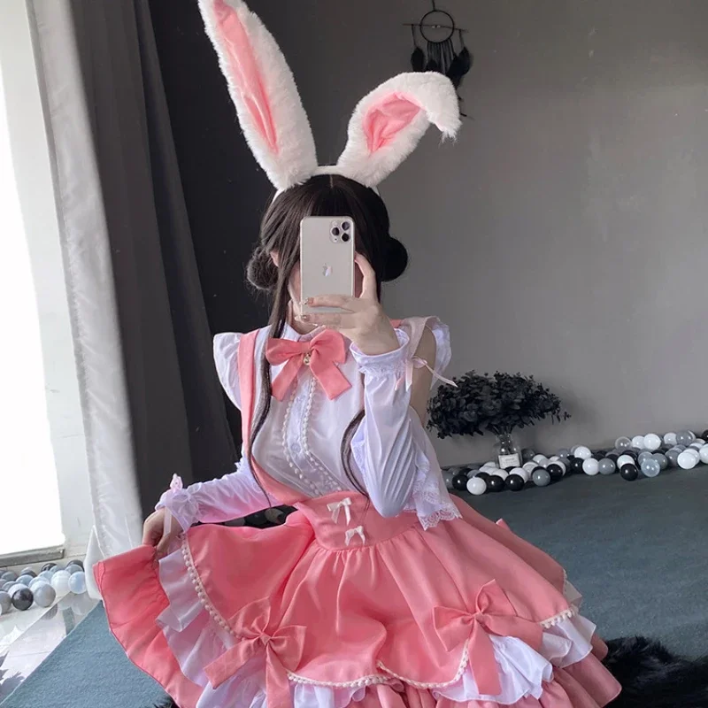 Zoete Roze Lolita Jurk Japanse Kawaii School Meisje Meid Cosplay Kostuums Lolita Konijntje Rolspel Halloween Serveerster Uniform 2024